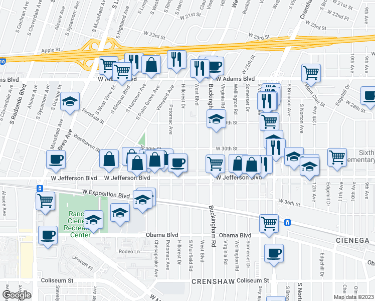 map of restaurants, bars, coffee shops, grocery stores, and more near 4418 West 30th Street in Los Angeles