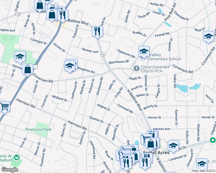 map of restaurants, bars, coffee shops, grocery stores, and more near 2707 Mills Drive in Columbia