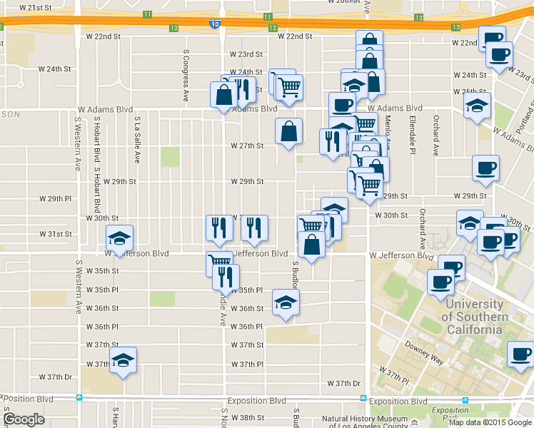 map of restaurants, bars, coffee shops, grocery stores, and more near 1515 West 30th Street in Los Angeles