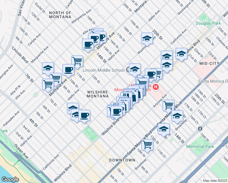 map of restaurants, bars, coffee shops, grocery stores, and more near 1037 12th Court in Santa Monica