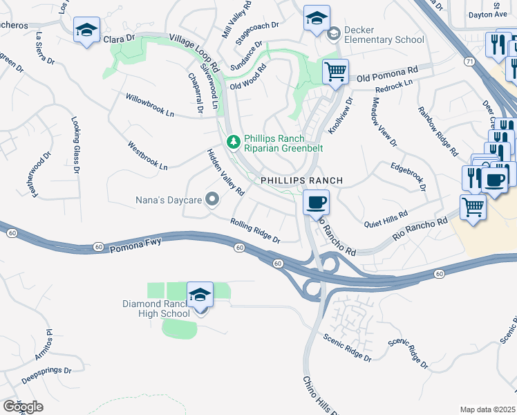 map of restaurants, bars, coffee shops, grocery stores, and more near 11 Ravenhill Drive in Pomona