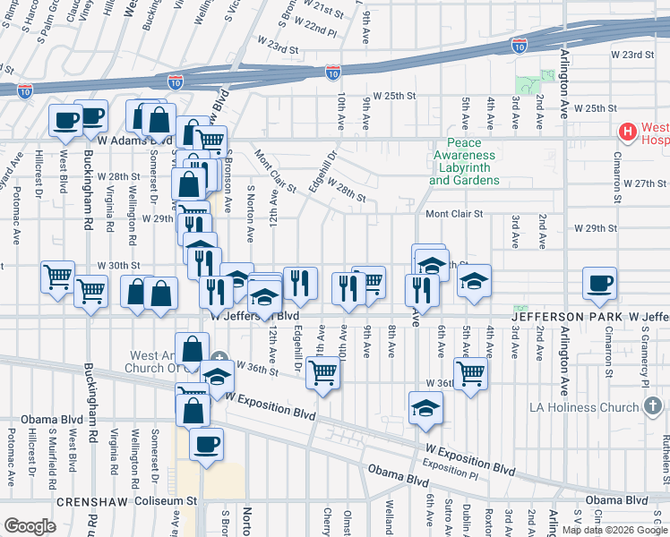 map of restaurants, bars, coffee shops, grocery stores, and more near 3008 West 30th Street in Los Angeles