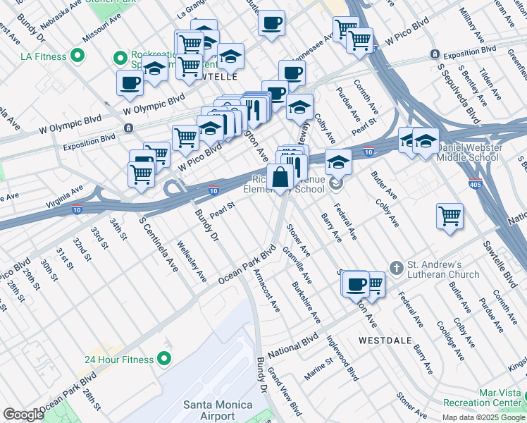 map of restaurants, bars, coffee shops, grocery stores, and more near 2536 Granville Avenue in Los Angeles