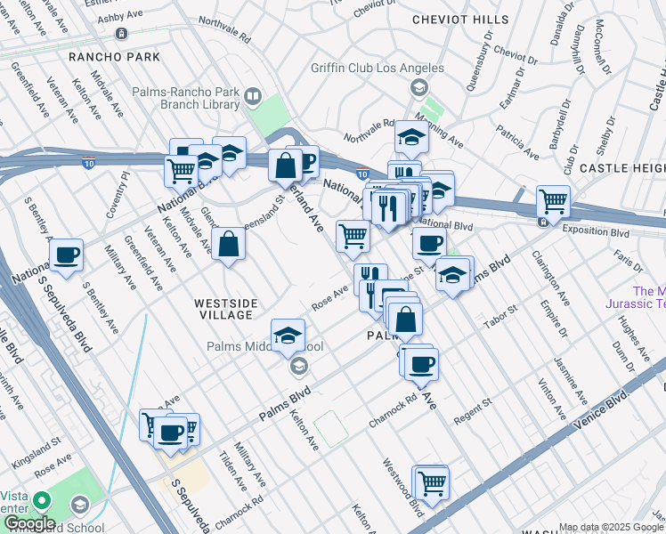 map of restaurants, bars, coffee shops, grocery stores, and more near 3277 Overland Ave in Los Angeles