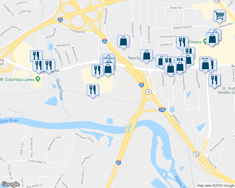 map of restaurants, bars, coffee shops, grocery stores, and more near 1208 Bush River Road in Columbia
