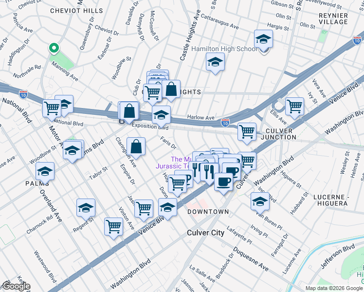 map of restaurants, bars, coffee shops, grocery stores, and more near 3660 Watseka Avenue in Los Angeles