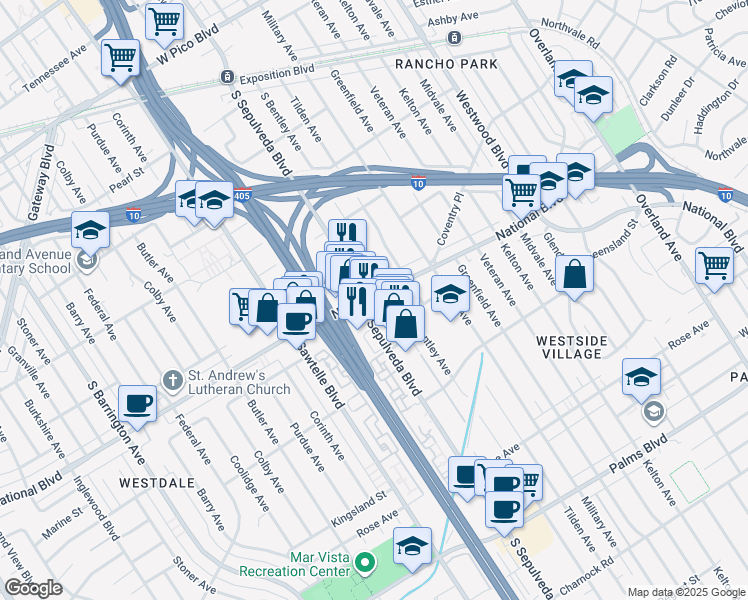 map of restaurants, bars, coffee shops, grocery stores, and more near 3000 South Sepulveda Boulevard in Los Angeles