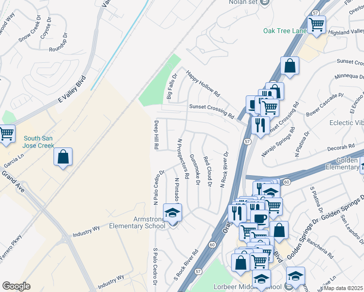 map of restaurants, bars, coffee shops, grocery stores, and more near 410 North Prospectors Road in Diamond Bar