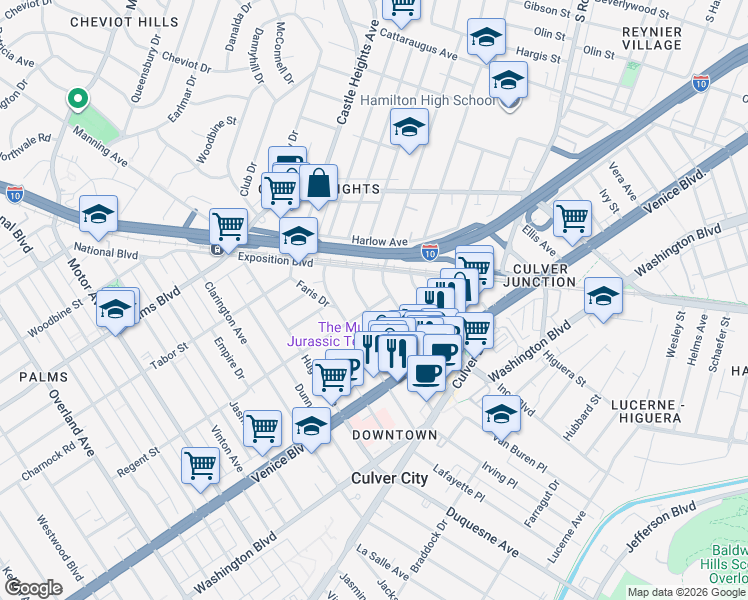 map of restaurants, bars, coffee shops, grocery stores, and more near 3651 Cardiff Avenue in Los Angeles