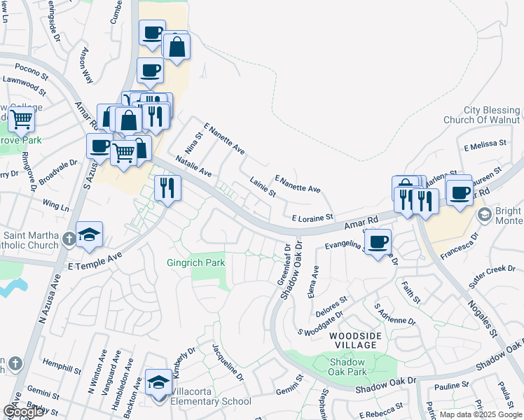 map of restaurants, bars, coffee shops, grocery stores, and more near 1901 East Amar Road in West Covina