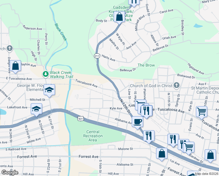 map of restaurants, bars, coffee shops, grocery stores, and more near 1313 Tuscaloosa Avenue in Gadsden