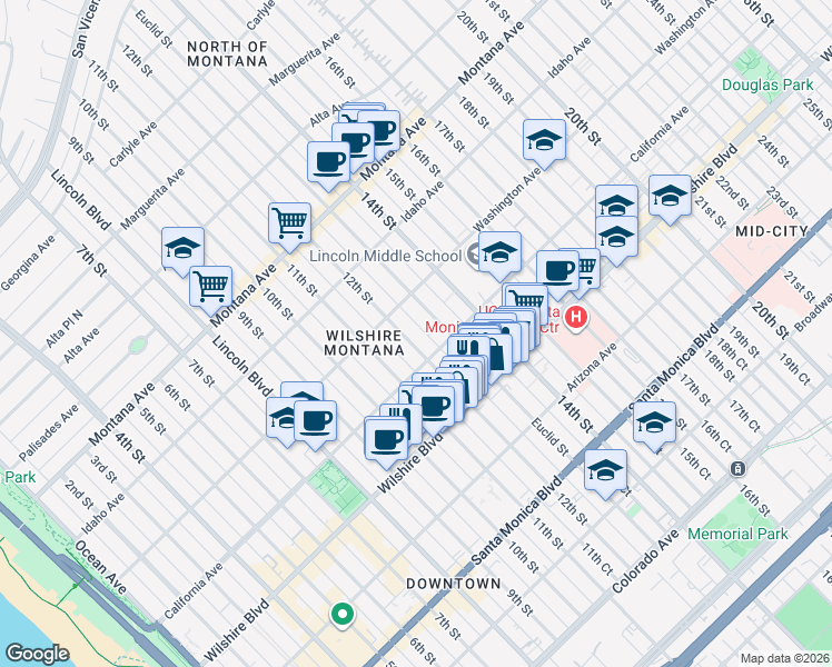 map of restaurants, bars, coffee shops, grocery stores, and more near 1033 12th Street in Santa Monica