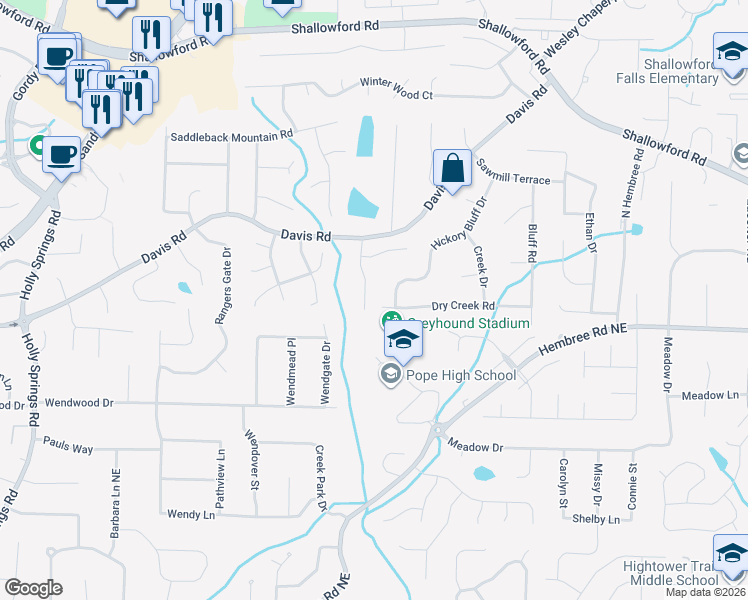 map of restaurants, bars, coffee shops, grocery stores, and more near 3391 Dry Creek Road in Marietta