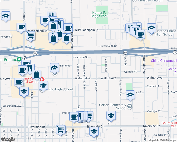 map of restaurants, bars, coffee shops, grocery stores, and more near 12431 Holly Avenue in Chino