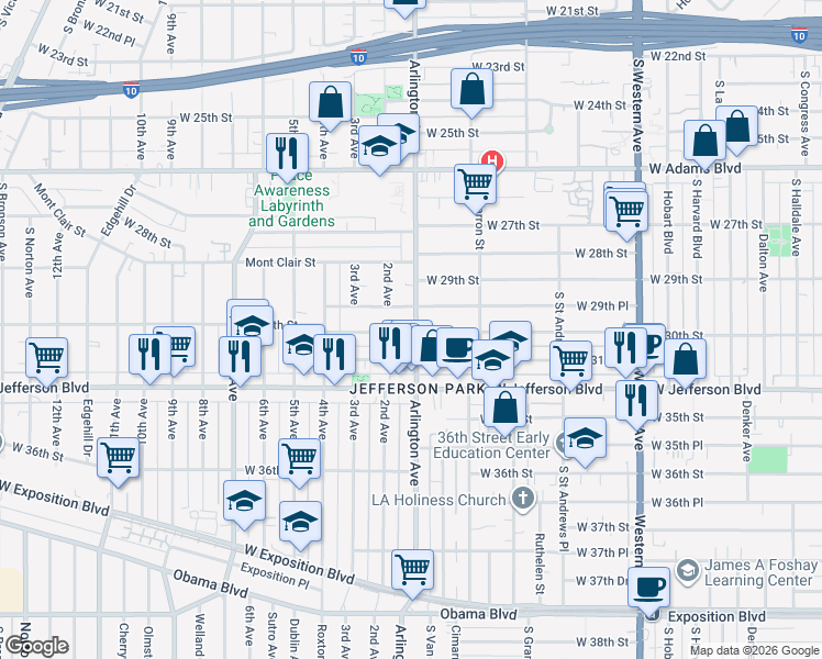 map of restaurants, bars, coffee shops, grocery stores, and more near 2325 West 30th Street in Los Angeles