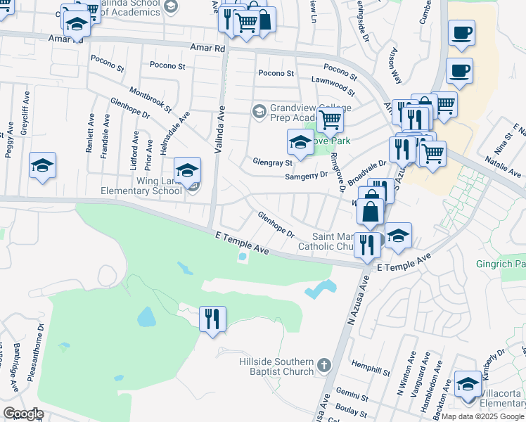 map of restaurants, bars, coffee shops, grocery stores, and more near 16903 Glenhope Dr in La Puente