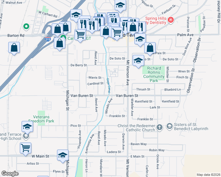 map of restaurants, bars, coffee shops, grocery stores, and more near Tesoro Court in Grand Terrace