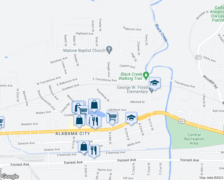 map of restaurants, bars, coffee shops, grocery stores, and more near 27 Hinsdale Avenue in Gadsden