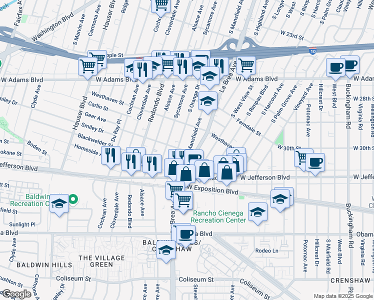 map of restaurants, bars, coffee shops, grocery stores, and more near 5101 Roseland Street in Los Angeles