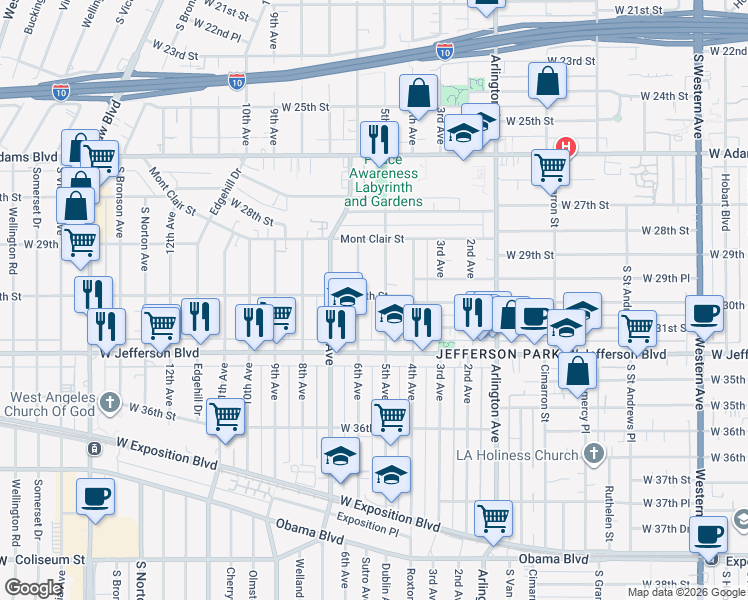 map of restaurants, bars, coffee shops, grocery stores, and more near 2514 West 30th Street in Los Angeles