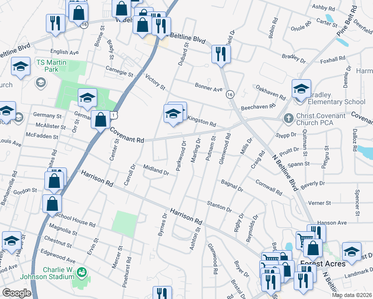 map of restaurants, bars, coffee shops, grocery stores, and more near 2712 Parkwood Drive in Columbia