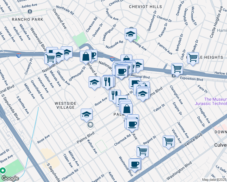 map of restaurants, bars, coffee shops, grocery stores, and more near 3321 Keystone Avenue in Los Angeles