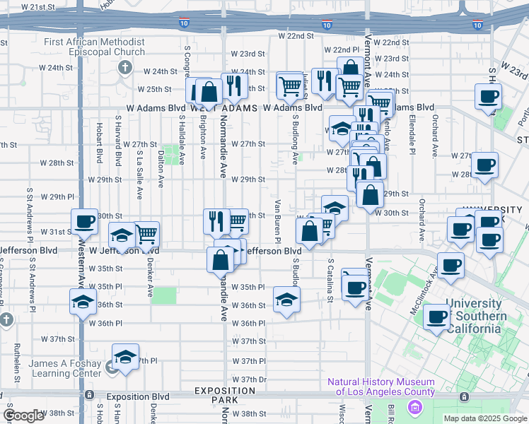 map of restaurants, bars, coffee shops, grocery stores, and more near 1519 West 30th Street in Los Angeles