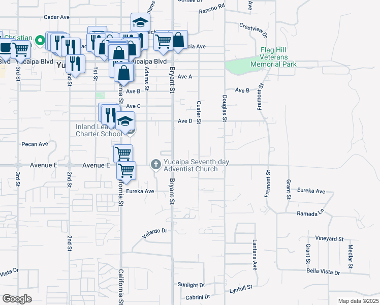 map of restaurants, bars, coffee shops, grocery stores, and more near 12465 Vista Lane in Yucaipa
