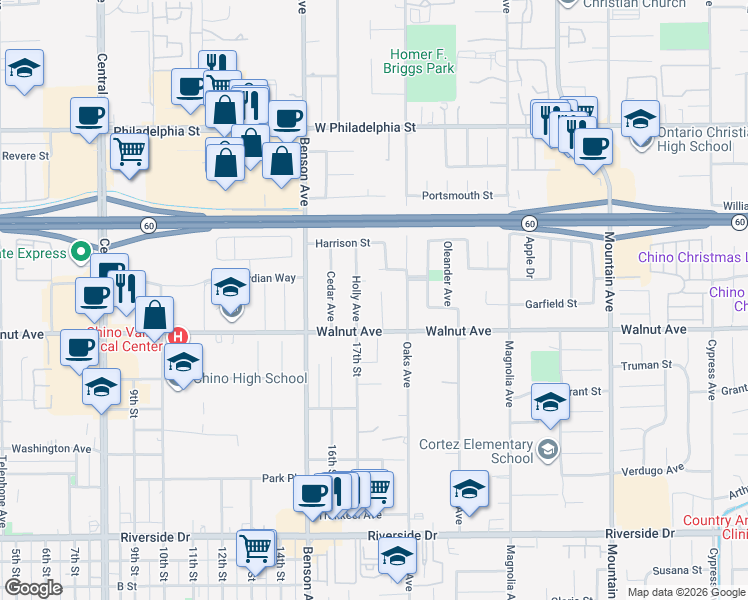 map of restaurants, bars, coffee shops, grocery stores, and more near 12431 Holly Avenue in Chino