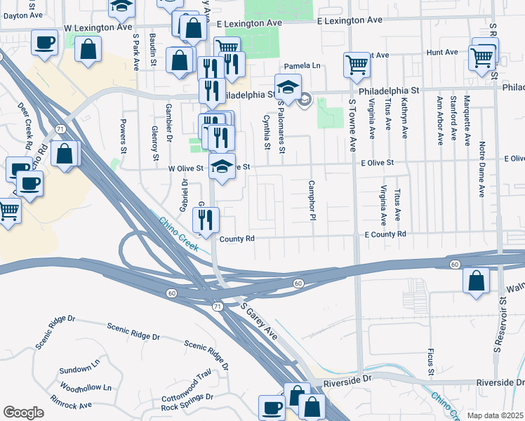 map of restaurants, bars, coffee shops, grocery stores, and more near 2435 Chanslor Street in Pomona