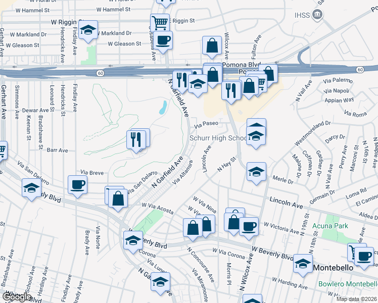 map of restaurants, bars, coffee shops, grocery stores, and more near 768 North Garfield Avenue in Montebello