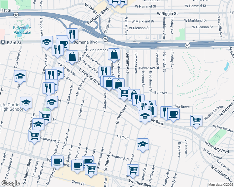 map of restaurants, bars, coffee shops, grocery stores, and more near 5644 East Beverly Boulevard in East Los Angeles