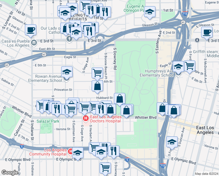 map of restaurants, bars, coffee shops, grocery stores, and more near 633 South Downey Road in Los Angeles
