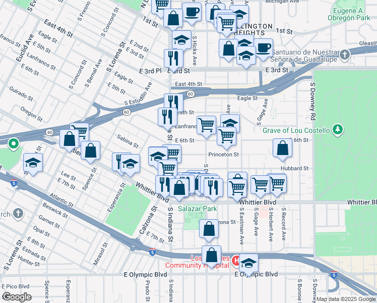 map of restaurants, bars, coffee shops, grocery stores, and more near 3741 East Princeton Street in Los Angeles