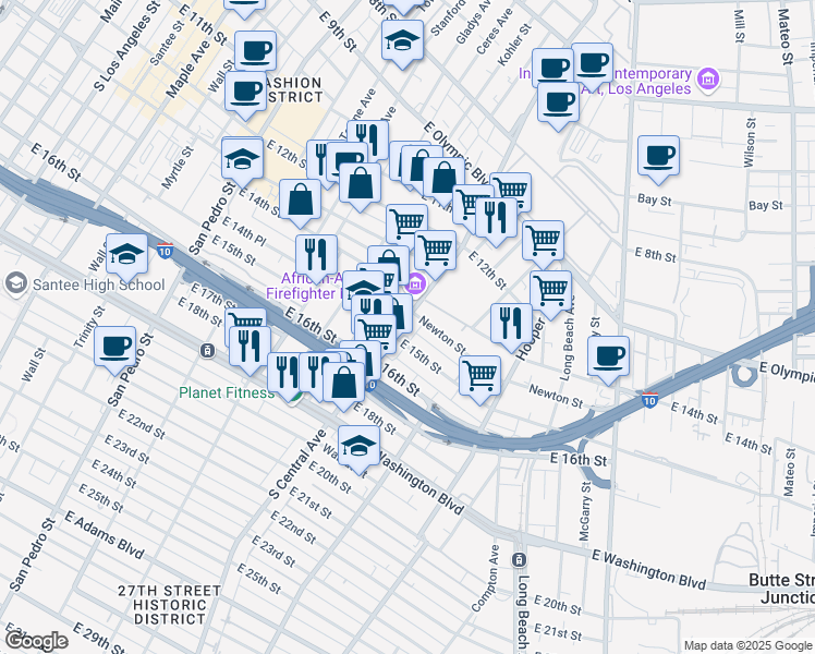 map of restaurants, bars, coffee shops, grocery stores, and more near 1503 South Central Avenue in Los Angeles