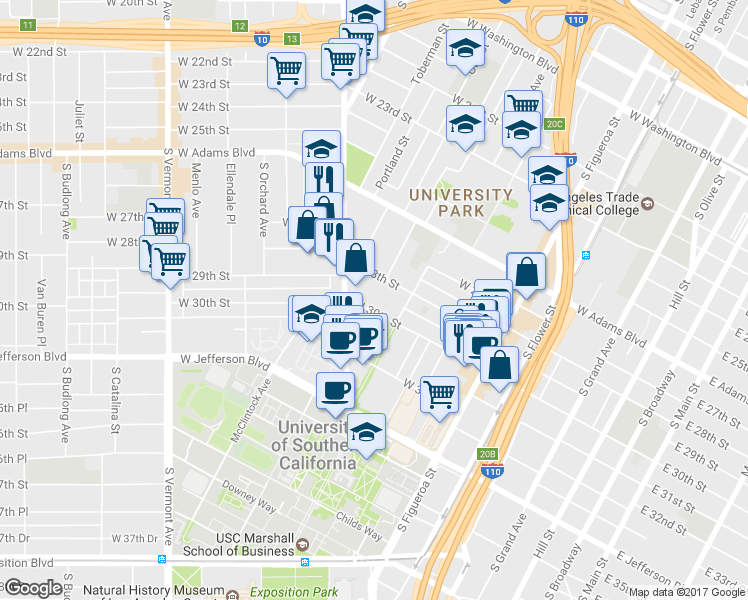 map of restaurants, bars, coffee shops, grocery stores, and more near 925 West 30th Street in Los Angeles