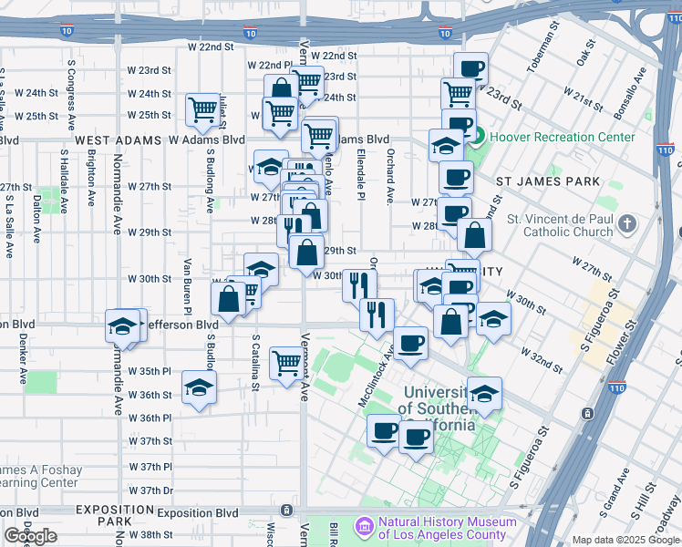 map of restaurants, bars, coffee shops, grocery stores, and more near 1225 West 30th Street in Los Angeles