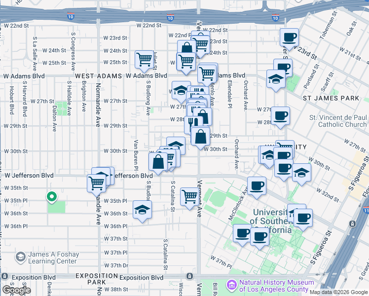 map of restaurants, bars, coffee shops, grocery stores, and more near 1346 West 30th Street in Los Angeles