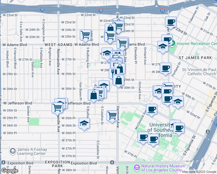 map of restaurants, bars, coffee shops, grocery stores, and more near 1346 West 30th Street in Los Angeles