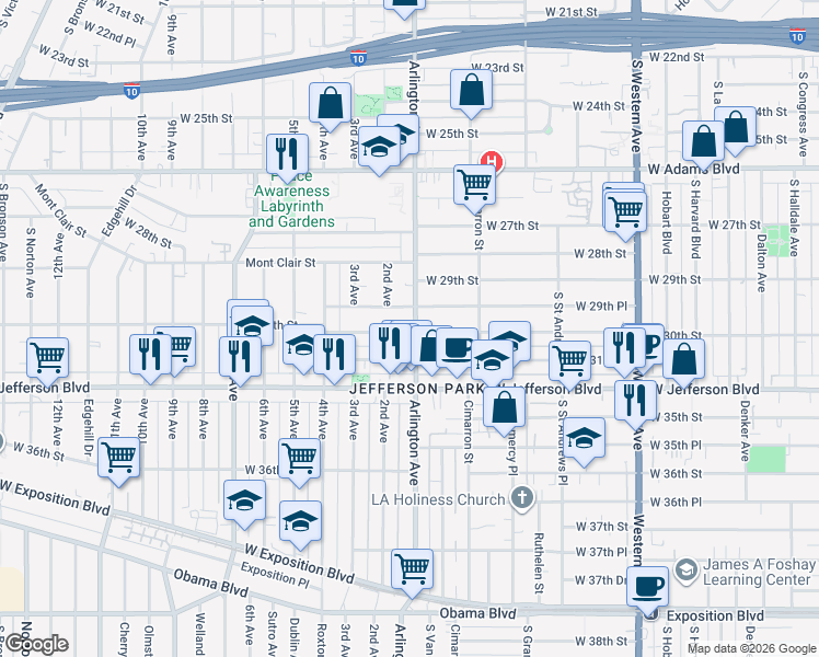 map of restaurants, bars, coffee shops, grocery stores, and more near 2325 West 30th Street in Los Angeles