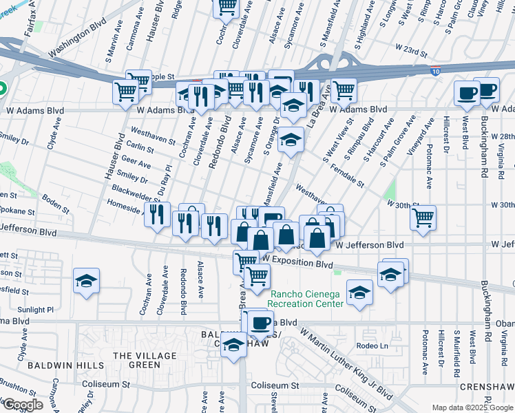 map of restaurants, bars, coffee shops, grocery stores, and more near 5101 Roseland Street in Los Angeles