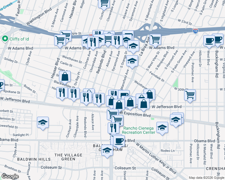 map of restaurants, bars, coffee shops, grocery stores, and more near 2908 South Sycamore Avenue in Los Angeles