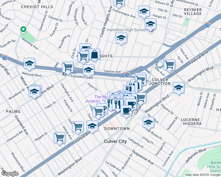 map of restaurants, bars, coffee shops, grocery stores, and more near 3651 Cardiff Avenue in Los Angeles