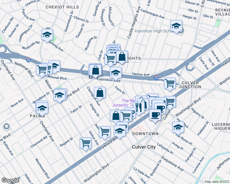 map of restaurants, bars, coffee shops, grocery stores, and more near 9827 Hannum Drive in Los Angeles