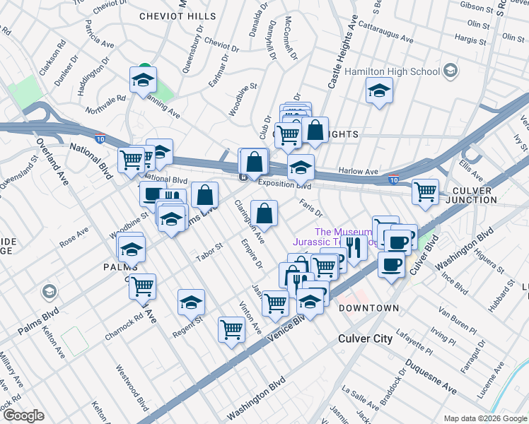 map of restaurants, bars, coffee shops, grocery stores, and more near 9909 Tabor Street in Los Angeles