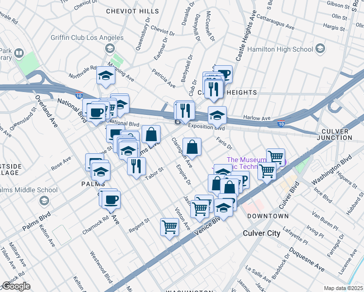 map of restaurants, bars, coffee shops, grocery stores, and more near 3546 Clarington Avenue in Los Angeles