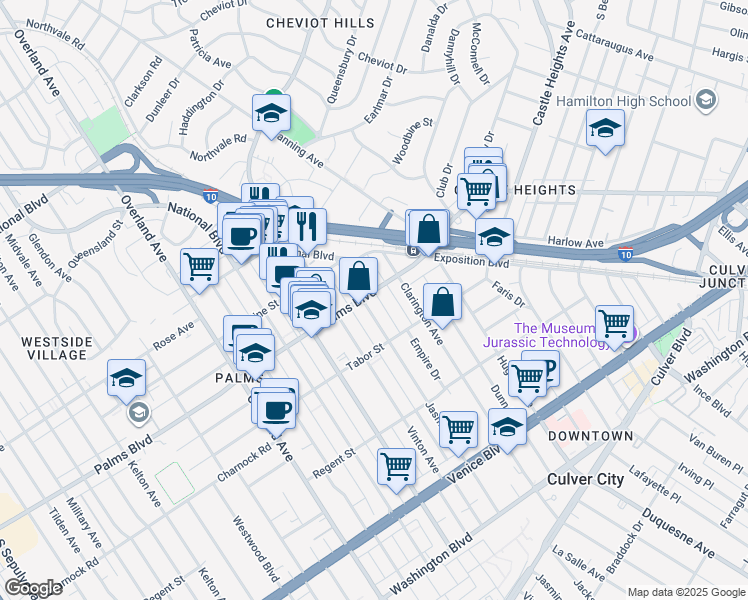map of restaurants, bars, coffee shops, grocery stores, and more near 10138 Palms Boulevard in Los Angeles