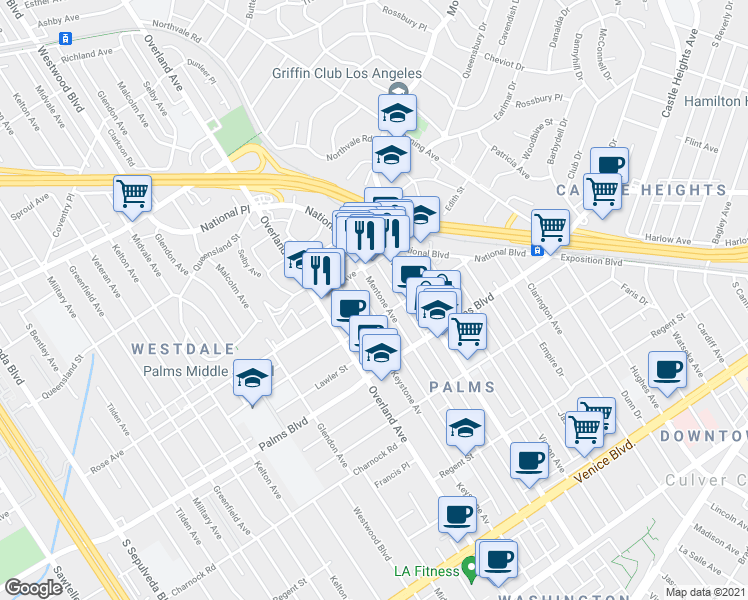 map of restaurants, bars, coffee shops, grocery stores, and more near 3345 Mentone Avenue in Los Angeles