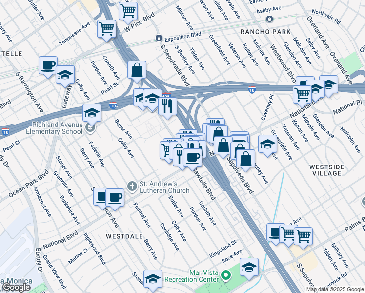 map of restaurants, bars, coffee shops, grocery stores, and more near 2820 Sawtelle Boulevard in Los Angeles