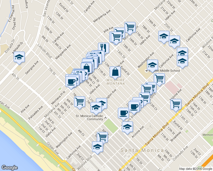 map of restaurants, bars, coffee shops, grocery stores, and more near in Santa Monica